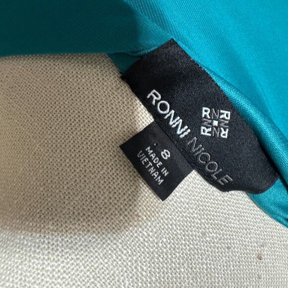 Ronni Nicole Dress teal green sz 8 cowl drape neck ruched knee length stretchy - Picture 6 of 8